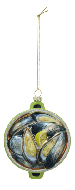 Hand-Painted Glass Mussels/Steamer Clams Ornament w/ Glitter - Green