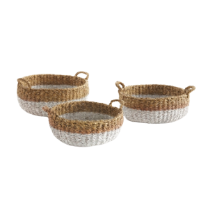 Seagrass and White Shallow Baskets (Set of 3)