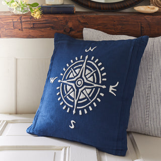 White Compass on Indigo Linen Pillow
