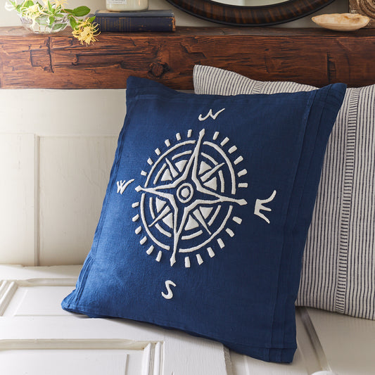 White Compass on Indigo Linen pillow