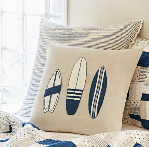 Surf Board on Natural Linen Pillow