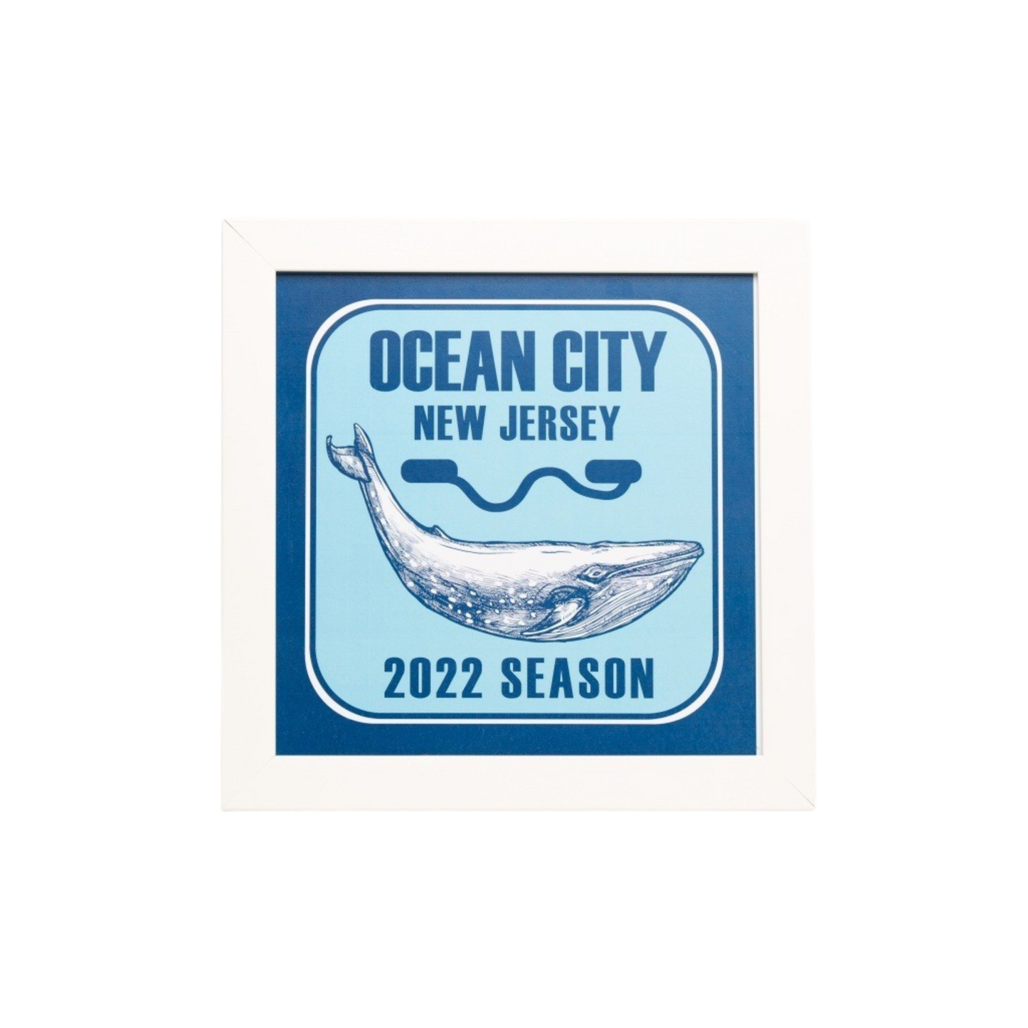 Navy Ocean City Beach Badge 18x18 White Frame