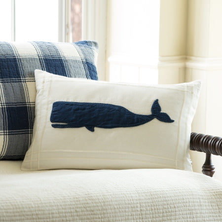 Indigo Whale on White Linen Pillow