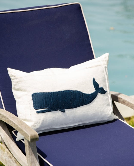 Indigo Whale on White Linen Pillow