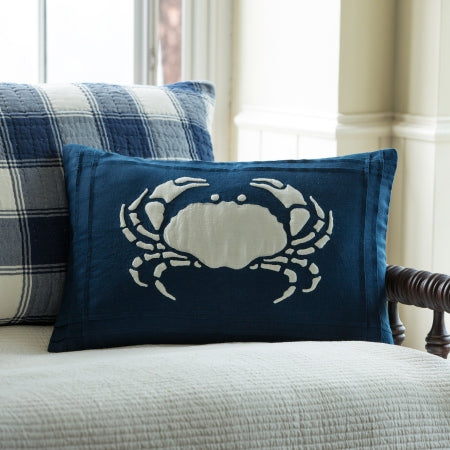 White Crab on Indigo Linen Pillow