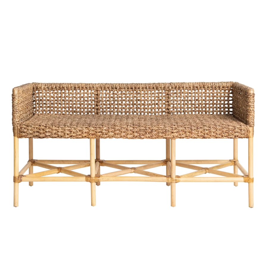 Hand-Woven Rattan & Water Hyacinth Bench, Natural